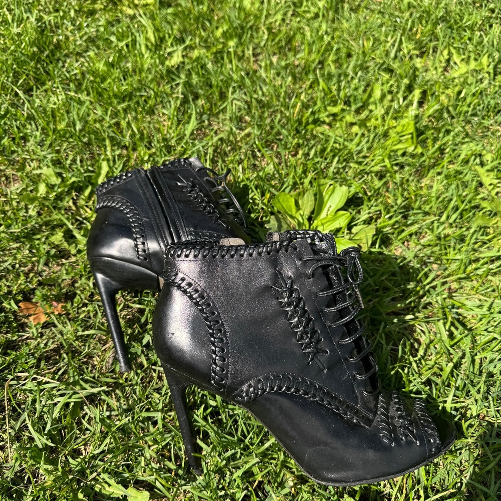 Jason Wu Black Corset Whipstitch Detail open toe booties